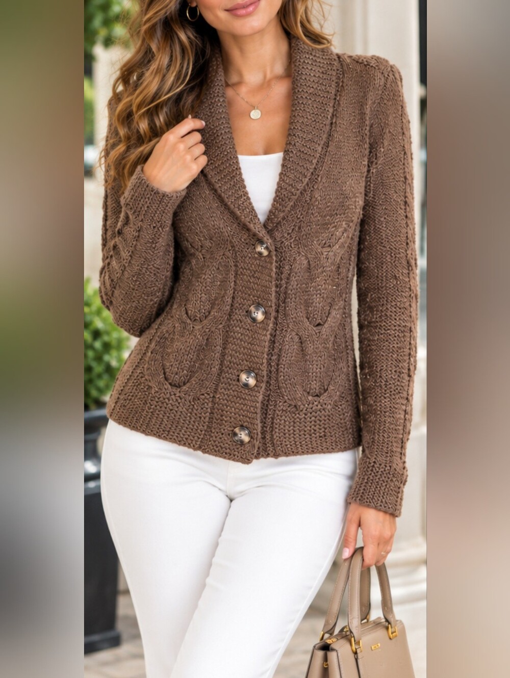 Eddie Bauer Wool/Acrylic Chocolate Brown Cable Knit Shawl-Collar Cardigan Medium